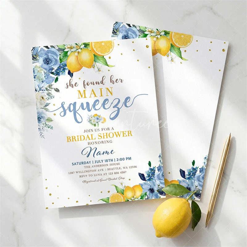 Aperturee - Aperturee Custom Set of 20 Watercolor Blue Floral and Lemon Bridal Shower Invitation She Found Her Main Squeeze Party