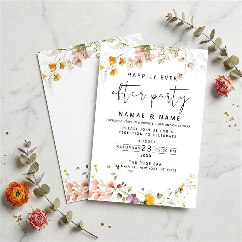 Aperturee - Aperturee Custom Set of 20 Watercolor Floral Wedding After Party Invitation Peach Flowers Elegant Reception Celebration Card