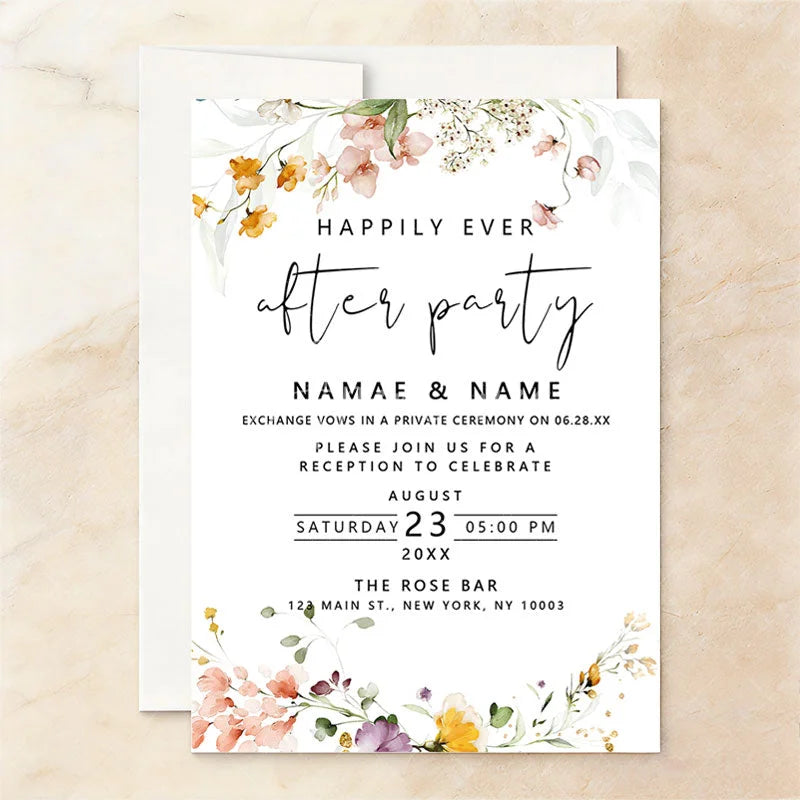 Aperturee - Aperturee Custom Set of 20 Watercolor Floral Wedding After Party Invitation Peach Flowers Elegant Reception Celebration Card