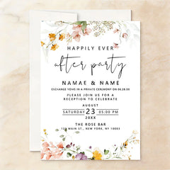 Aperturee - Aperturee Custom Set of 20 Watercolor Floral Wedding After Party Invitation Peach Flowers Elegant Reception Celebration Card
