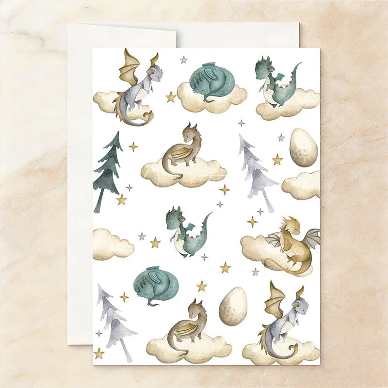 Aperturee - Aperturee Custom Set of 20 Whimsical Dragon Baby Shower Invitation A Little Dragon Is On His Way Theme with Clouds and Stars