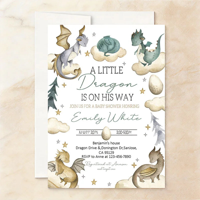 Aperturee - Aperturee Custom Set of 20 Whimsical Dragon Baby Shower Invitation A Little Dragon Is On His Way Theme with Clouds and Stars