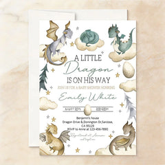 Aperturee - Aperturee Custom Set of 20 Whimsical Dragon Baby Shower Invitation A Little Dragon Is On His Way Theme with Clouds and Stars