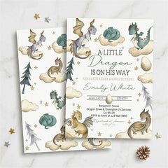 Aperturee - Aperturee Custom Set of 20 Whimsical Dragon Baby Shower Invitation A Little Dragon Is On His Way Theme with Clouds and Stars