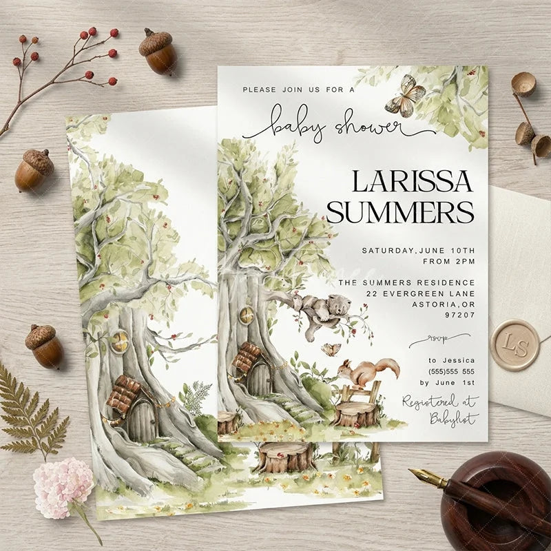 Aperturee - Aperturee Custom Set of 20 Woodland Baby Shower Invitation featuring Watercolor Forest Animals and Enchanted Fairy Tree Houses