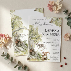 Aperturee - Aperturee Custom Set of 20 Woodland Baby Shower Invitation featuring Watercolor Forest Animals and Enchanted Fairy Tree Houses