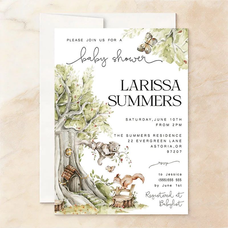 Aperturee - Aperturee Custom Set of 20 Woodland Baby Shower Invitation featuring Watercolor Forest Animals and Enchanted Fairy Tree Houses