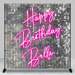 Aperturee - Aperturee Custom Silver Sequin Shimmer Happy Birthday Neon Pink Backdrop Personalized Party Decoration