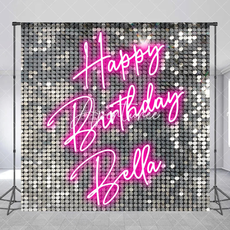 Aperturee - Aperturee Custom Silver Sequin Shimmer Happy Birthday Neon Pink Backdrop Personalized Party Decoration