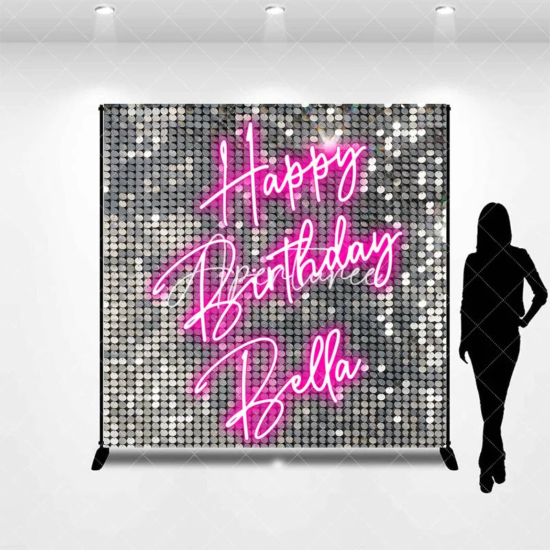Aperturee - Aperturee Custom Silver Sequin Shimmer Happy Birthday Neon Pink Backdrop Personalized Party Decoration