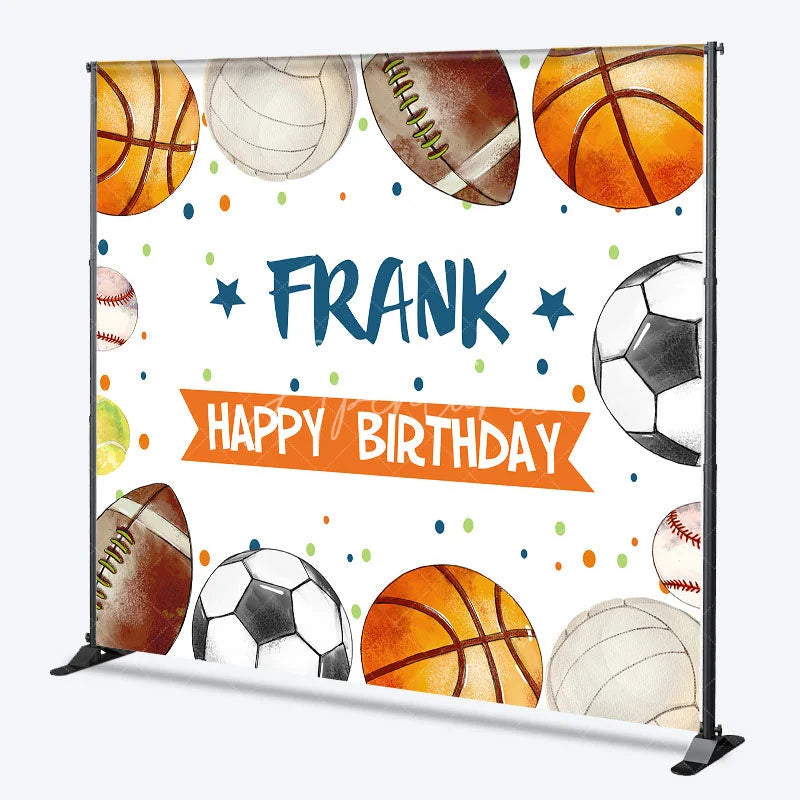 Aperturee - Aperturee Custom Sports Ball Happy Birthday Backdrop with Basketball Football and Soccer Designs Personalized for Kids Party