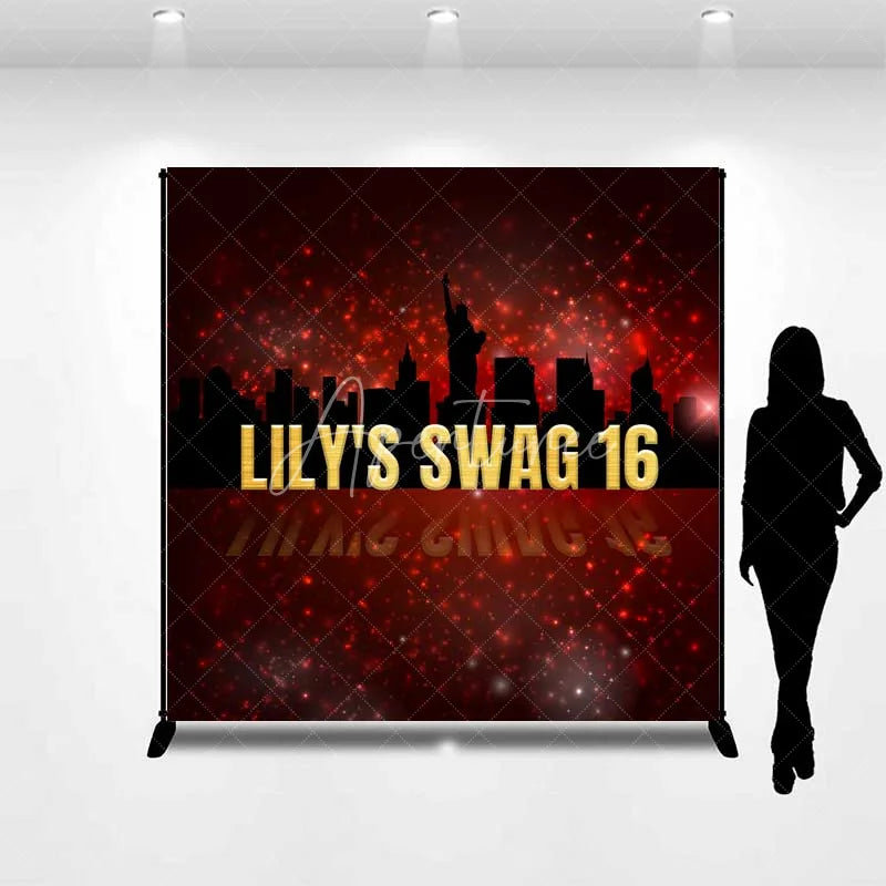 Aperturee - Aperturee Custom Swag 16th Birthday Backdrop New York City Skyline Silhouette and Red Glitter Sparkle Party Banner