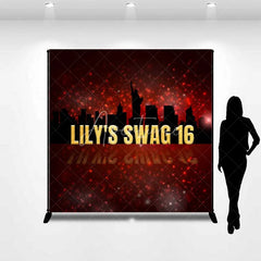 Aperturee - Aperturee Custom Swag 16th Birthday Backdrop New York City Skyline Silhouette and Red Glitter Sparkle Party Banner