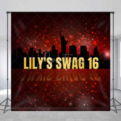 Aperturee - Aperturee Custom Swag 16th Birthday Backdrop New York City Skyline Silhouette and Red Glitter Sparkle Party Banner