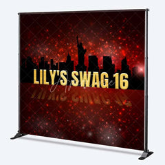 Aperturee - Aperturee Custom Swag 16th Birthday Backdrop New York City Skyline Silhouette and Red Glitter Sparkle Party Banner