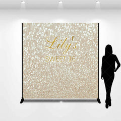 Aperturee - Aperturee Custom Sweet 16 Backdrop Gold Glittery Bokeh Spots Background Personalized Name Sixteenth Birthday Party Decoration