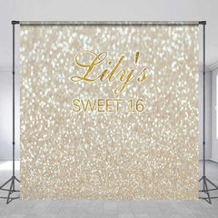Aperturee - Aperturee Custom Sweet 16 Backdrop Gold Glittery Bokeh Spots Background Personalized Name Sixteenth Birthday Party Decoration