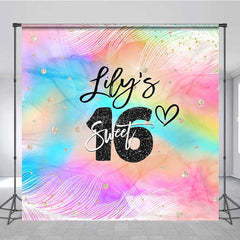 Aperturee Aperturee Custom Sweet 16 Birthday Backdrop Rainbow Watercolor and Glitter Background Personalized Sixteenth Party Photo Prop