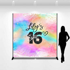 Aperturee Aperturee Custom Sweet 16 Birthday Backdrop Rainbow Watercolor and Glitter Background Personalized Sixteenth Party Photo Prop