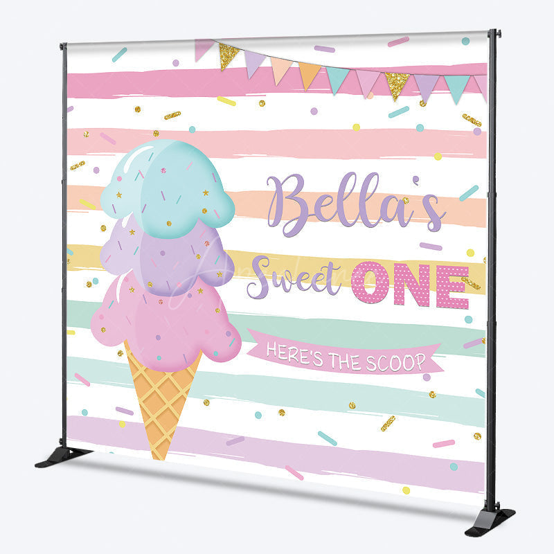 Aperturee Aperturee Custom Sweet One Birthday Backdrop for Girl Ice Cream Cone and Sprinkles Pastel Here’s The Scoop Party Banner