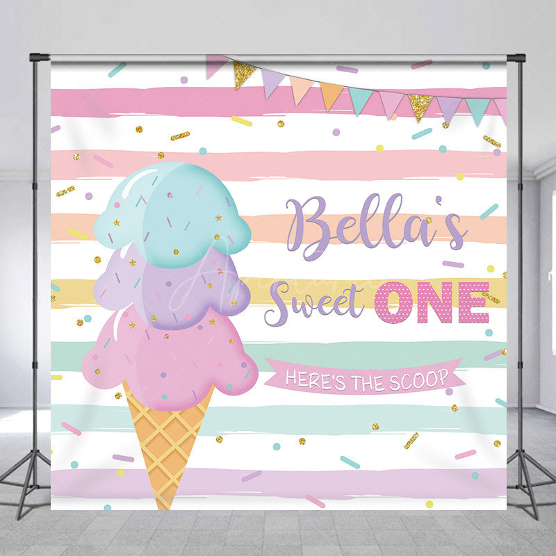 Aperturee Aperturee Custom Sweet One Birthday Backdrop for Girl Ice Cream Cone and Sprinkles Pastel Here’s The Scoop Party Banner