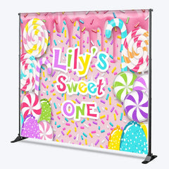 Aperturee - Aperturee Custom Sweet One First Birthday Backdrop Pink Candy Land with Colorful Lollipops and Sprinkles Decor