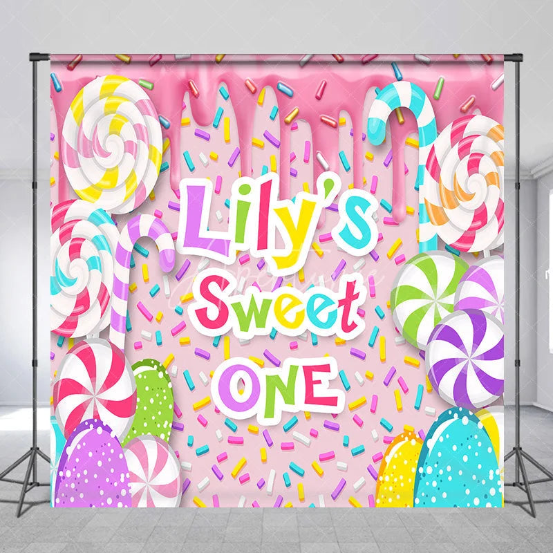Aperturee - Aperturee Custom Sweet One First Birthday Backdrop Pink Candy Land with Colorful Lollipops and Sprinkles Decor