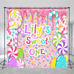 Aperturee - Aperturee Custom Sweet One First Birthday Backdrop Pink Candy Land with Colorful Lollipops and Sprinkles Decor