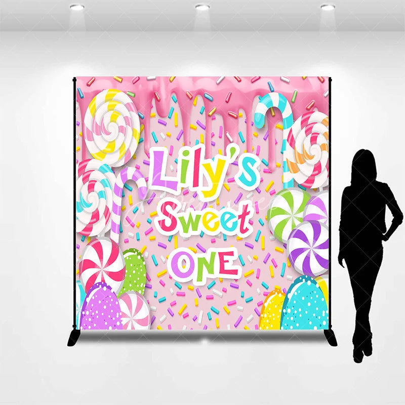 Aperturee - Aperturee Custom Sweet One First Birthday Backdrop Pink Candy Land with Colorful Lollipops and Sprinkles Decor