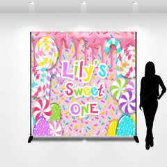 Aperturee - Aperturee Custom Sweet One First Birthday Backdrop Pink Candy Land with Colorful Lollipops and Sprinkles Decor