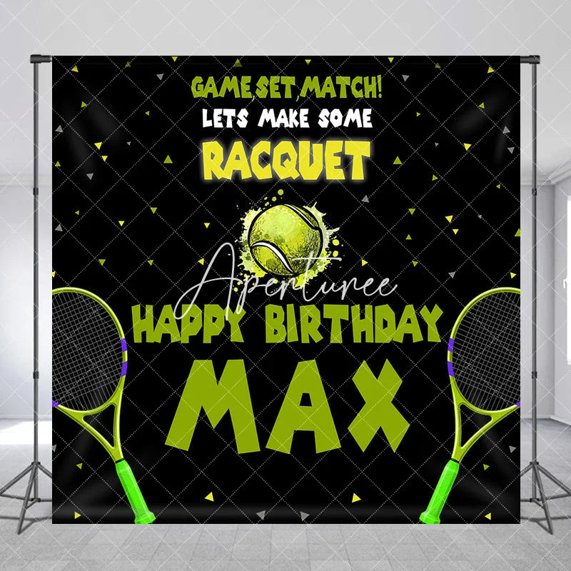 Aperturee - Aperturee Custom Tennis Theme Happy Birthday Backdrop with Rackets and Ball Game Set Match Party Decor