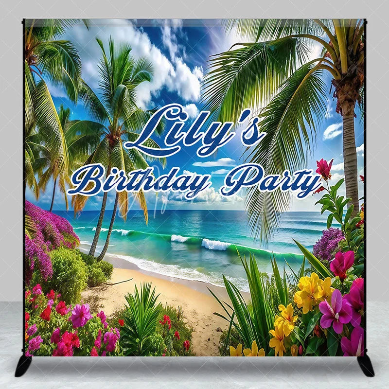 Aperturee - Aperturee Custom Tropical Beach Birthday Party Backdrop Palm Trees and Vibrant Flowers for Party and Photo
