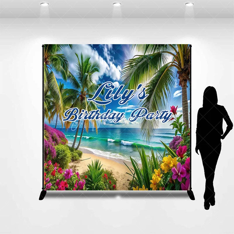Aperturee - Aperturee Custom Tropical Beach Birthday Party Backdrop Palm Trees and Vibrant Flowers for Party and Photo