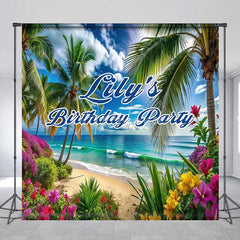 Aperturee - Aperturee Custom Tropical Beach Birthday Party Backdrop Palm Trees and Vibrant Flowers for Party and Photo