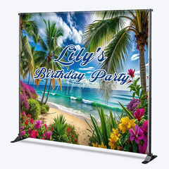 Aperturee - Aperturee Custom Tropical Beach Birthday Party Backdrop Palm Trees and Vibrant Flowers for Party and Photo