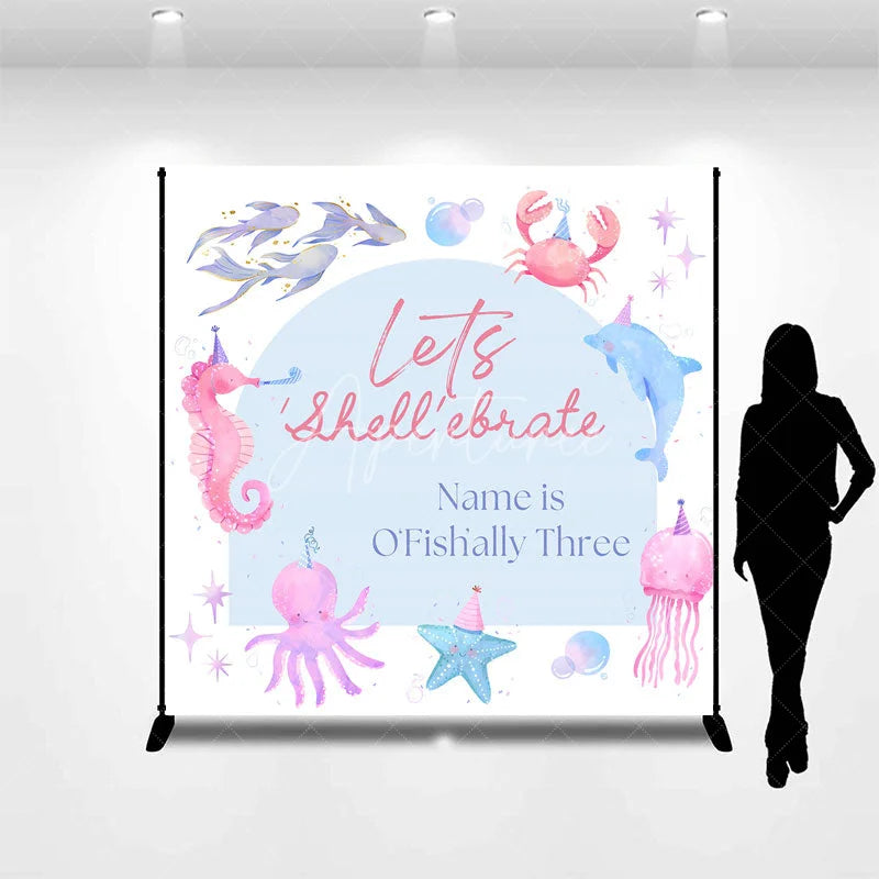 Aperturee - Aperturee Custom Under The Sea Birthday Backdrop Watercolor Ocean Animals Party Hats Background Personalized Name Shell-ebrate