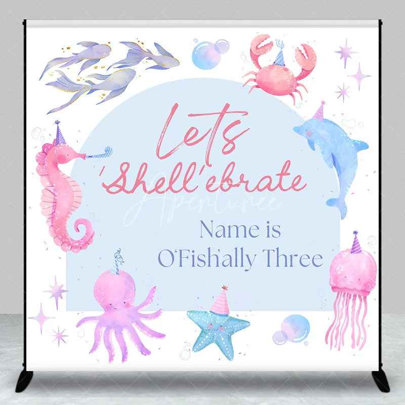 Aperturee - Aperturee Custom Under The Sea Birthday Backdrop Watercolor Ocean Animals Party Hats Background Personalized Name Shell-ebrate