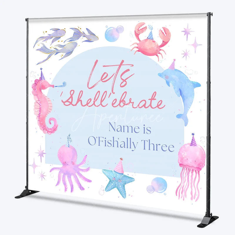 Aperturee - Aperturee Custom Under The Sea Birthday Backdrop Watercolor Ocean Animals Party Hats Background Personalized Name Shell-ebrate