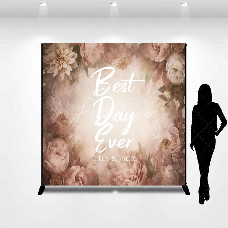 Aperturee - Aperturee Custom Vintage Muted Pink Floral Backdrop Best Day Ever Wedding Photo Booth Personalized Name