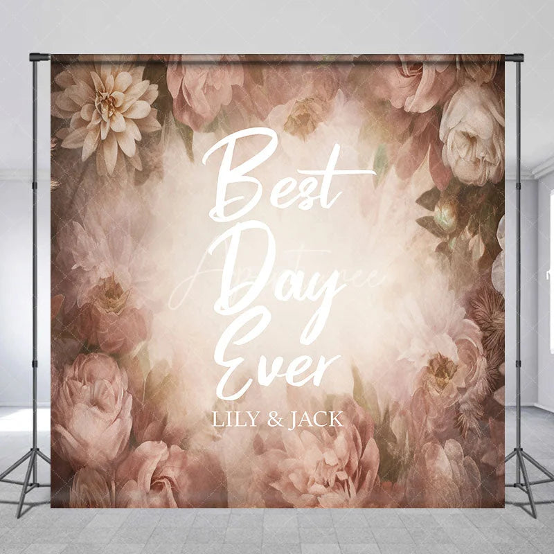 Aperturee - Aperturee Custom Vintage Muted Pink Floral Backdrop Best Day Ever Wedding Photo Booth Personalized Name