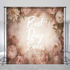 Aperturee - Aperturee Custom Vintage Muted Pink Floral Backdrop Best Day Ever Wedding Photo Booth Personalized Name