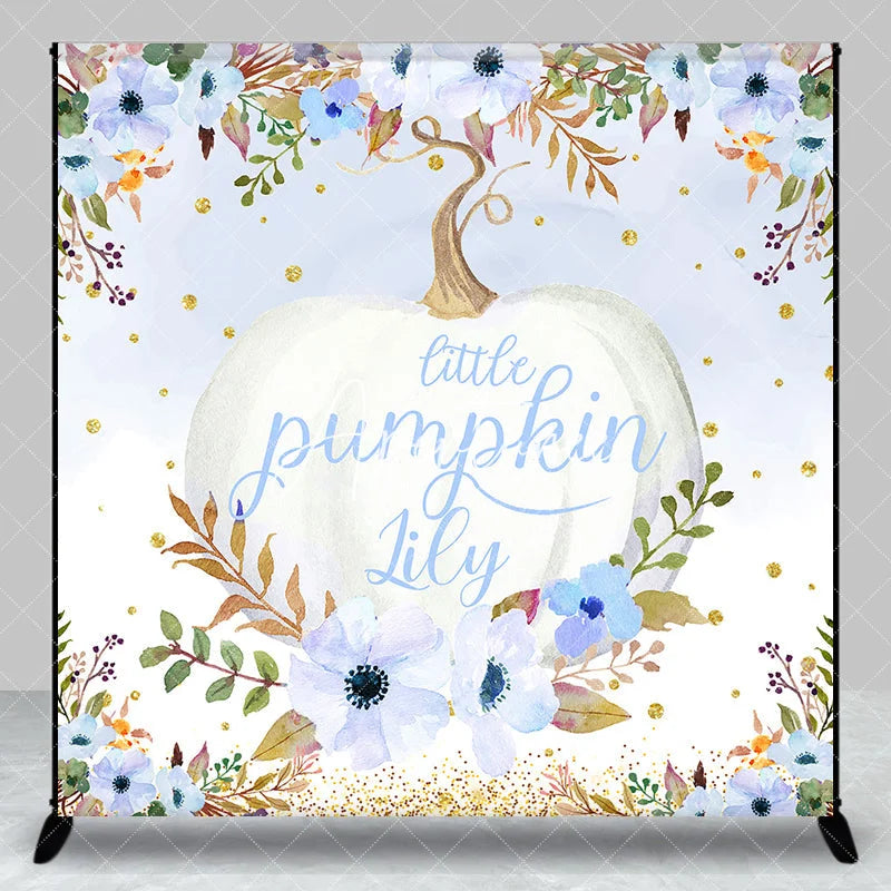 Aperturee - Aperturee Custom Watercolor Little Pumpkin Backdrop Blue and White Floral Golden Glitter for Autumn Baby Shower Party