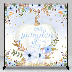 Aperturee - Aperturee Custom Watercolor Little Pumpkin Backdrop Blue and White Floral Golden Glitter for Autumn Baby Shower Party