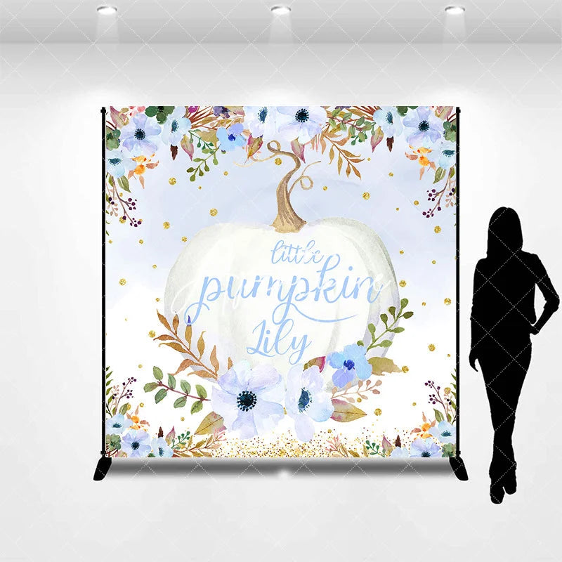 Aperturee - Aperturee Custom Watercolor Little Pumpkin Backdrop Blue and White Floral Golden Glitter for Autumn Baby Shower Party