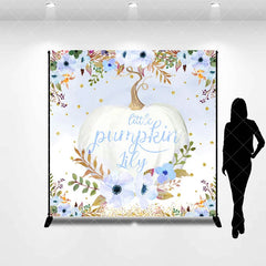 Aperturee - Aperturee Custom Watercolor Little Pumpkin Backdrop Blue and White Floral Golden Glitter for Autumn Baby Shower Party