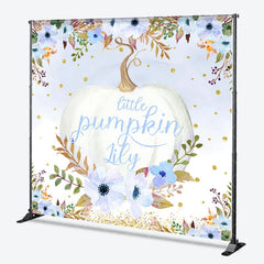 Aperturee - Aperturee Custom Watercolor Little Pumpkin Backdrop Blue and White Floral Golden Glitter for Autumn Baby Shower Party