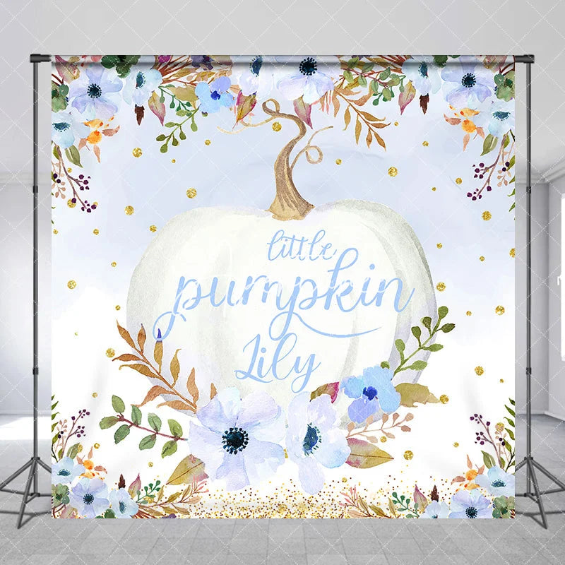 Aperturee - Aperturee Custom Watercolor Little Pumpkin Backdrop Blue and White Floral Golden Glitter for Autumn Baby Shower Party
