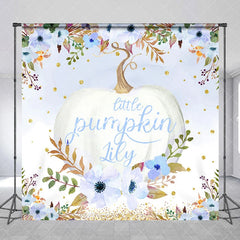 Aperturee - Aperturee Custom Watercolor Little Pumpkin Backdrop Blue and White Floral Golden Glitter for Autumn Baby Shower Party