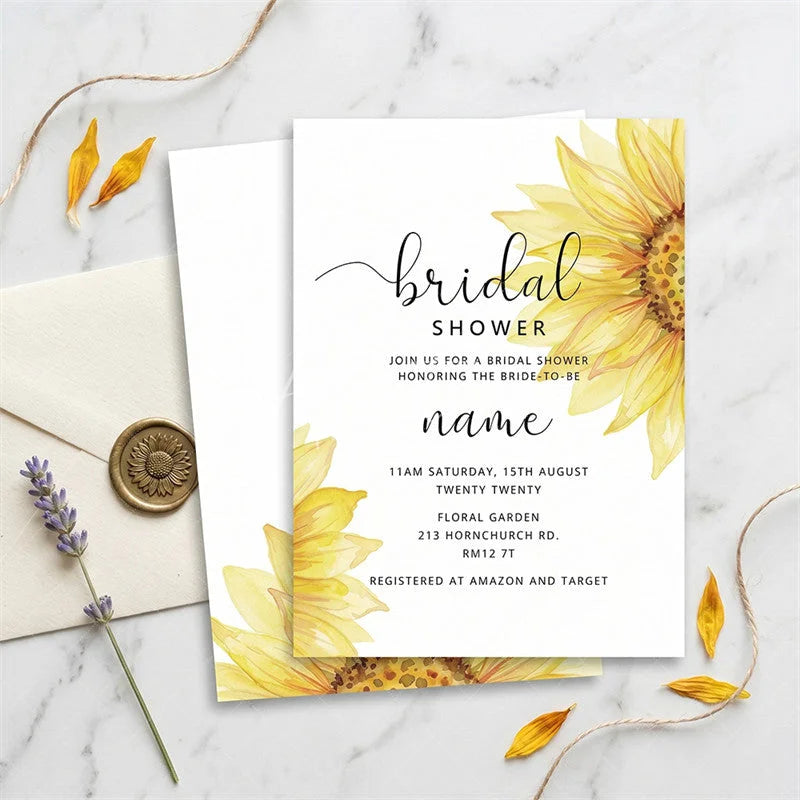 Aperturee - Aperturee Custom Watercolor Set of 20 Sunflower Bridal Shower Invitation Elegant Rustic Floral Design for Bride-to-Be