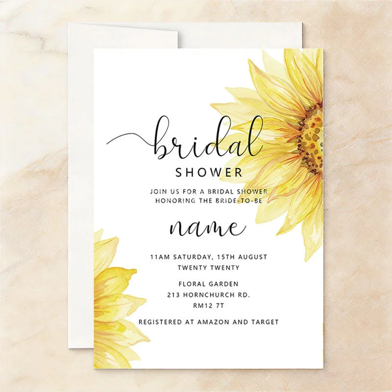 Aperturee - Aperturee Custom Watercolor Set of 20 Sunflower Bridal Shower Invitation Elegant Rustic Floral Design for Bride-to-Be
